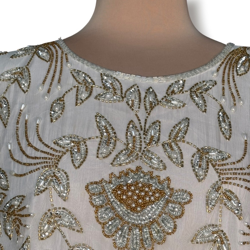 Laurence Kazar Silk Beaded Floral Blouse White Gold Silver 2X Vintage Blouse - Picture 2 of 10